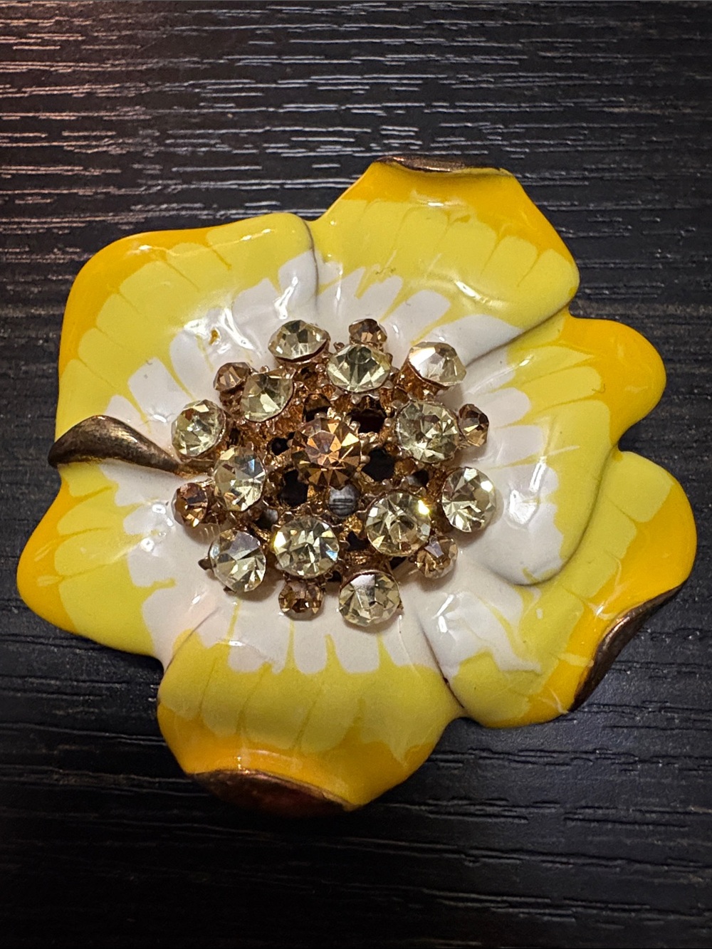 Yellow & White Flower Brooch with Gold-Tone Crystal Center